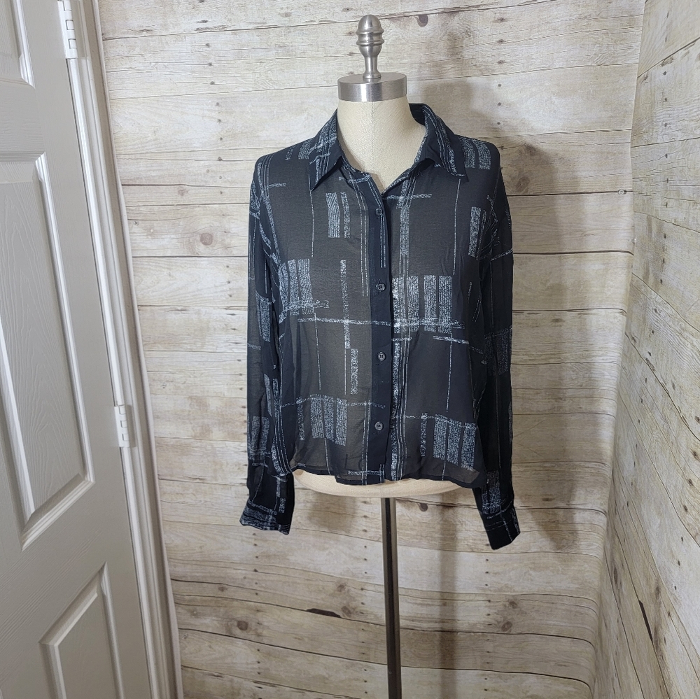 black long sleeve sheer button down blouse size M